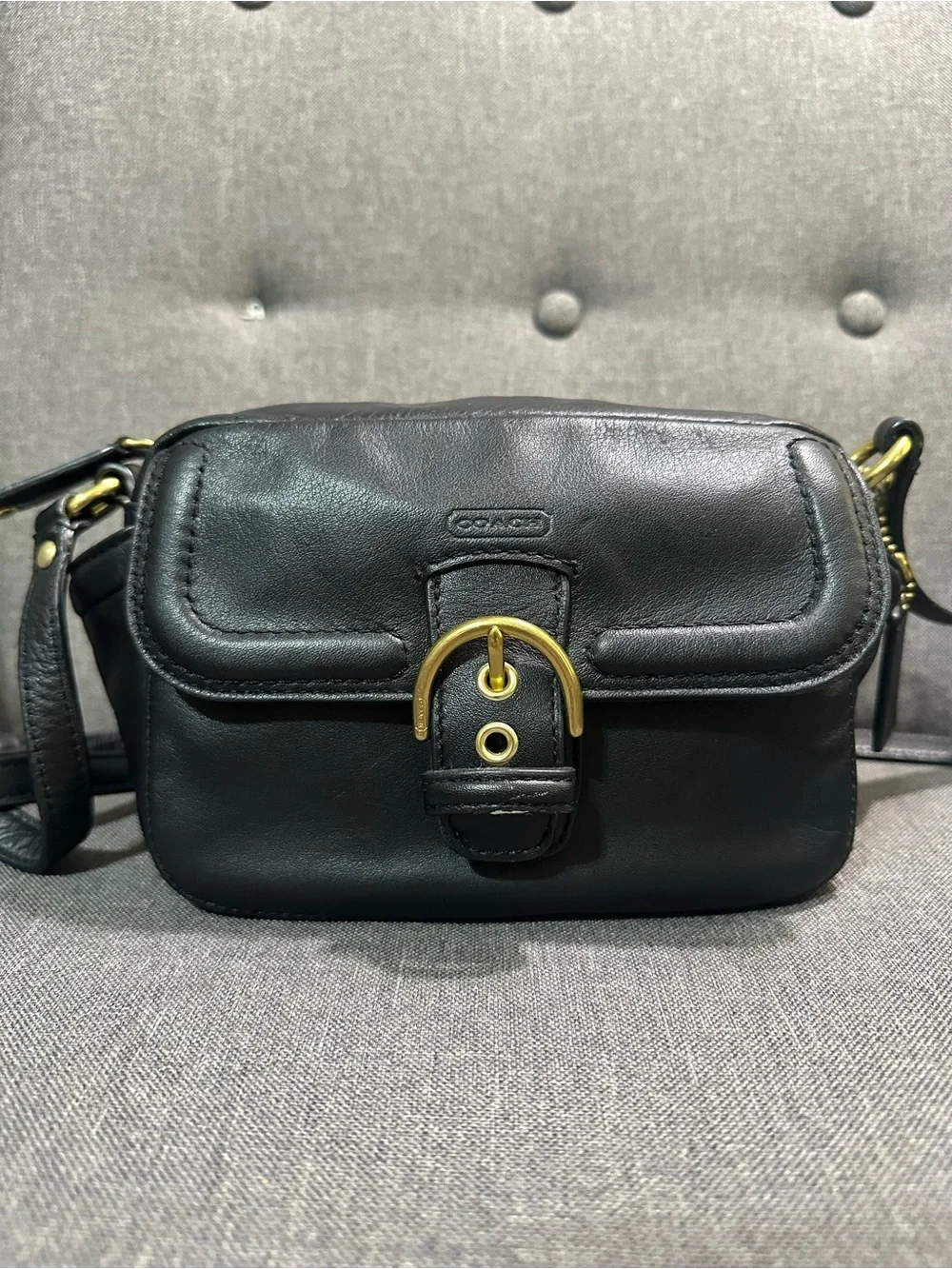 Vintage Black Coach Black Leather Crossbody with Gold Buckle